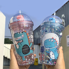 Net Red Dinosaur Straw Cup Ins Wind Vibrato Water Bottles Portable Female Double Quicksand Plastic Girl Student Cups Gifts