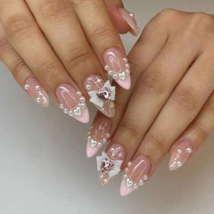 YICKYUE   -  24pcs/ box short medium almond nail, pointed nail, pearl white French love heart, press on nails, nail patch,removable nail wear