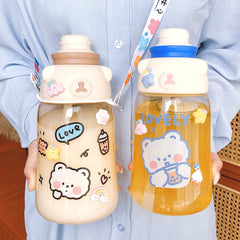 Kawaii Jumbo Bear Water Bottle With Straw Sticker Sport Plastic Outdoor Portable Juice Milk Big Drinking Bottles Jug  BPA Free