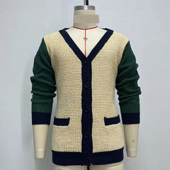 Hearujoy Autumn Winter Youth Mens Patchwork Knitwear Long Sleeve Collarless Coarse Wool Sweater Fashion Button Cardigan Coat Men Clothing