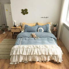 100% Yarn-Dyed Washed Cotton Princess Girl Bedding Set White Ruffle Splice Cake skirt design Duvet Cover Bed Skirt Pillowcases