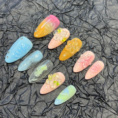 YICKYUE  -  10pcs Handmade Press on Nails 3D Resin Flowers Almond False Nails Detachable Wearable Colorful Sweet Cool Y2K Fake Nail Patches