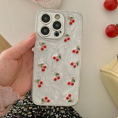 YICKYUE  -  Qianliyao Cute 3D Silver Cherry Fruit Phone Case For iPhone 16 15 14 13 12 11 Pro Max Soft Shockproof TPU Back Cover