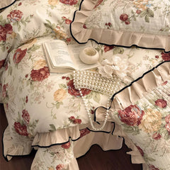 YICKYUE  -  4Pcs Vintage French Floral Ruffles Bedding Set, 100% Cotton, Princess Duvet Cover Set, Quilted Bedspread, Bed Sheet, Pillowcases