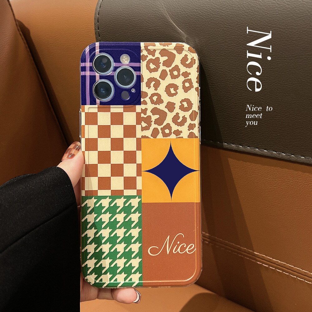 Leopard Splicing Houndstooth funny silicone phone case for iphone 13 mini 11 12 pro max 7 8 plus x xr xsmax protective capa