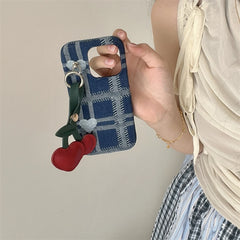 YICKYUE  -  Retro Blue Denim Fabric Plaid Love Cherry Pendant Shockproof Protective Phone Cover Case For iPhone 15 14 13 12 11 Pro Max