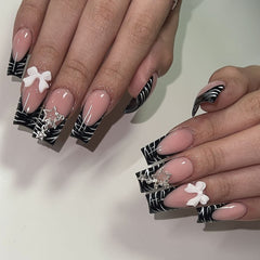 YICKYUE  -  24Pcs Y2k French False Nails with Designs Lovely Cute Diamond Artificial Nails 3D Wave Pearl Bow Full Cover Nail Tips with Glue