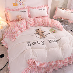 White Pink Cute Sanding Cartoon Stereoscopic Toy Bear Girl Bedding Set Duvet Cover Bed Skirt Bed Sheet Pillowcases Child's Gift