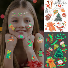 Yickyue Cartoon Christmas Temporary Tattoo Stickers Animal Santa Claus Snowman Christmas Tree Kids Arm Face Luminous Stickers Decoration