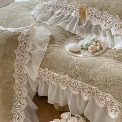 YICKYUE  -  Vintage French Double Layer Lace Ruffles Carved Velvet Bedding Set, Furry Warm Duvet Cover, Flat/Fitted Bed Sheet, Pillowcases