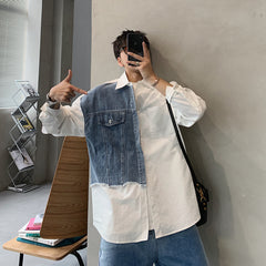 Hearujoy Denim Patchwork White Shirt Men Lapel Long Sleeve Button Loose Tops Spring Autumn Fashion Vintage Shirts Streetwear Male