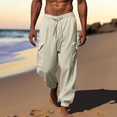 Hearujoy Multi Pocket Cotton Linen Pants For Men Lace-up Drawstring Foot Binding Long Trousers Spring Summer Sport Casual Cargo Pant