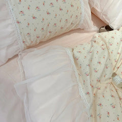 Yickyue Korean Style Chiffon Pure Cotton Bedding Set Full Size Little Floral Duvet Cover Set with Bed Skirt Princess Style Bedding Sets