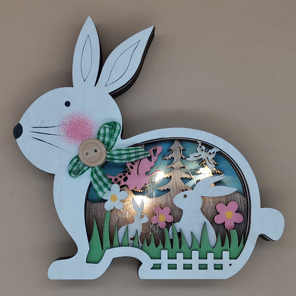 New Easter Wooden Crafts LED Hollow Rabbit Eggs Flower Easter Decorations for Home Party Lighting Desktop Ornament Easter Gift