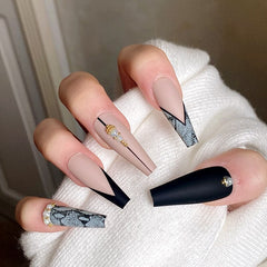 24PCS Stick On Nail Long Black Press On Nails Cute Pearl Design Dark Style Ballet Fake Nails Designer Press On Nails