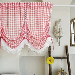 YICKYUE  -  Korean Romantic Red Plaid Ruffled Lace Short Sheer Curtain Red Ribbon Adjustable Lifting Curtain For Living Room Bedroom Kitchen