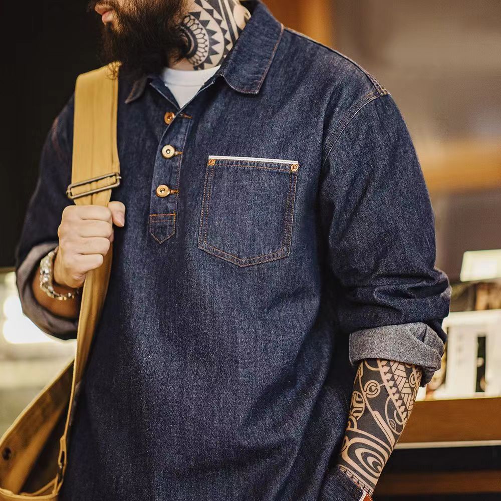 Hearujoy American Vintage Men Denim Shirt Oversized Loose Long Sleeve Pullover Top Spring Autumn Fashion Trendy Men's Clothing Streetwear