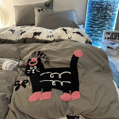 YICKYUE  -  Cartoon Embroidered Cat Bedding Set Four Piece Set Washable Cotton Sleep Naked Beds Sheet Duvet Cover Student Three Piece Set