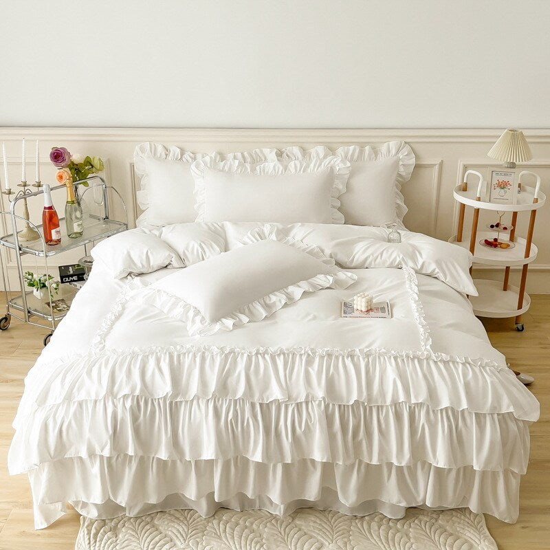 Yickyue Bed Linen Elegant Bedding Sets Luxury Princess Cotton Ruffle Duvet Cover Set Bed Skirt and Pillowcases Comforter Bedding Sets