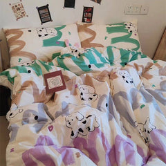 YICKYUE  -  100% Cotton Bedding Set Cute Cartoon Grey Coffee Puppy Dog Bed 4pcs Dormitory Duvet Sets Bed Sheet Girl Boy Women Men Beddingset