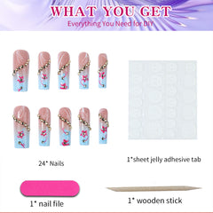 YICKYUE  -  24pcs Extra Long Square Nail Blue Flower Embellished Gold Diamond Coffin False Nails, French Blue Nails,Removable Press On Nail