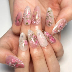 Yickyue  Pink Rose Cherry Blossom Bow Hand Painted Pearl Rhinestone False Nails Detachable Finished Fake Nails Press on Nails with Glue