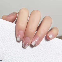 24pcs/box Fake Nails Press on Short Reusable Nailss Set French Artificial Pink Flash Silver False Tipsy Stick-on Nails Tips Art