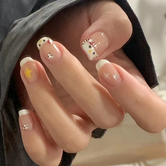 YICKYUE  -  Cute Leopard Print Cat Handmade Press on Nails Wearing Armor Bow Star French Minimalist Nail Art Decorated False Nails