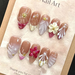 YICKYUE  -  10pcs Handmade Press on Nails Sweet Aurora 3D Mermaid False Nail with Pearl Flowers Decor Wearable French Almond Fake Nail Tips