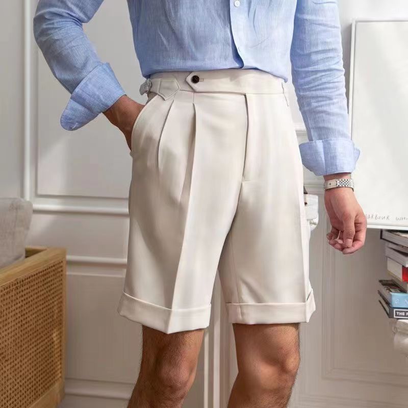 Hearujoy British Style Naples Suit Shorts Men Smart Casual Paris Waist Buckle Button Knee Length Pants Summer Fashion Shorts Streetwear