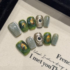 YICKYUE  -  10 pcs Luxury Shiny Handmade Press on Nails Short French Green Halo Dyeing Cat Eye Design Wearable Manicure Nail Tips Art