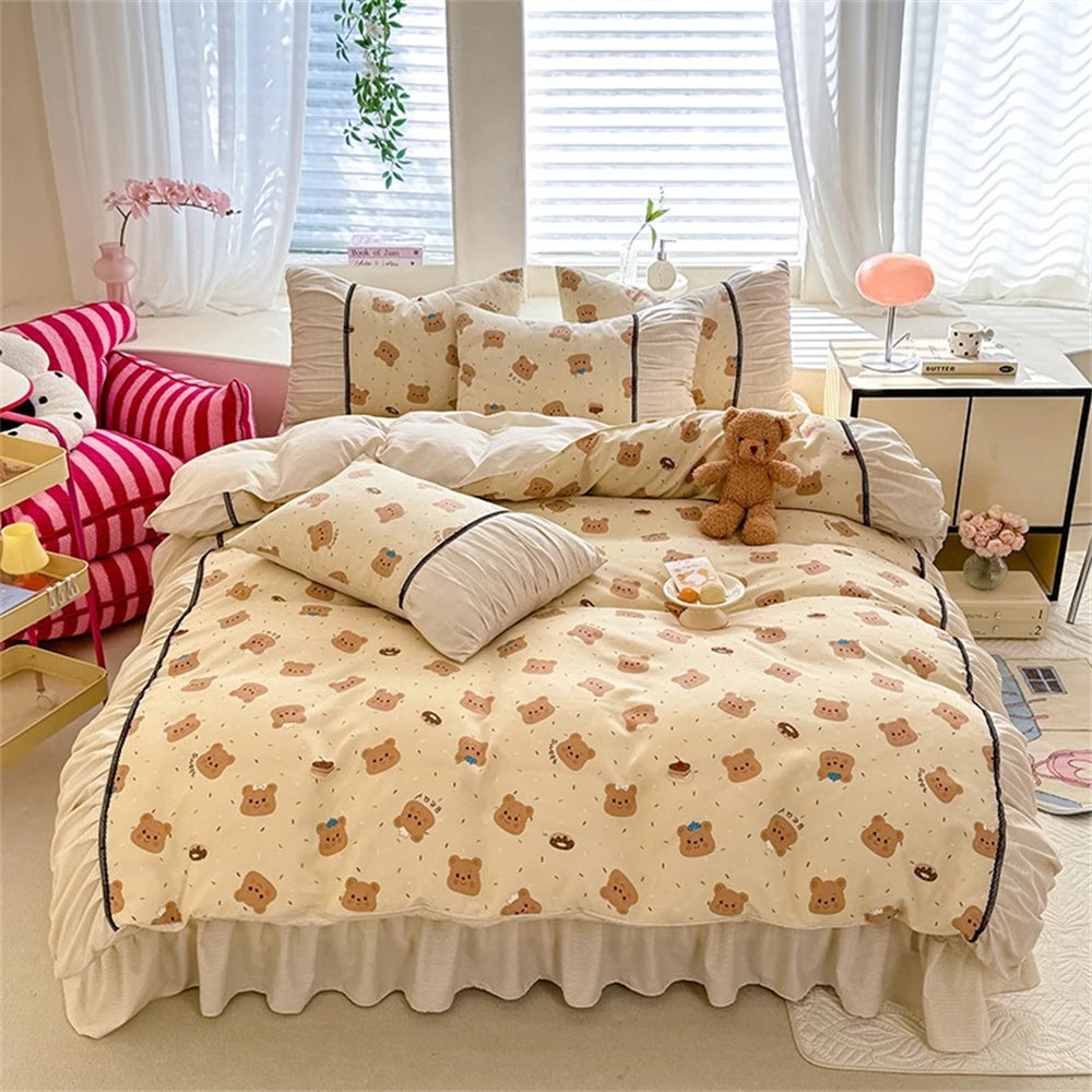 Yickyue  Korean Comforter Bedding Set Washed Cotton Bed Four-Piece Set Princess Printed Soft Bed Linen Duvet Cover Set Floral Quilt Cover