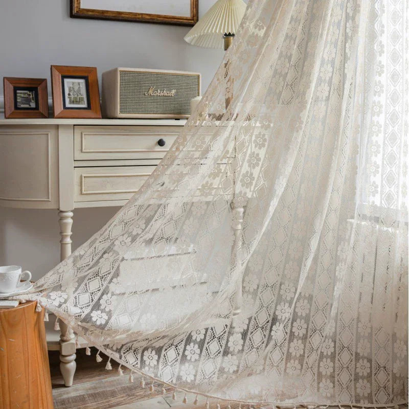 YICKYUE  -  Boho Crochet Curtains For Bedroom Cafe Curtains,Vintage Farmhouse Lace Sheer Tassel Curtains Short Kitchen Bathroom Curtains
