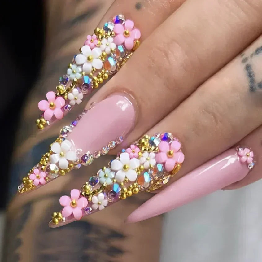 YICKYUE  -  24Pc Long Stiletto Press On Nails Cherry Pink French False Nails With 3D Bow Pearls Design Detachable Acrylic Fake Nail Art Tips