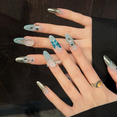 YICKYUE  -  Ice Blue Butterfly Decor False Nails Gold Magic Mirror Fashion Handmade Press on Nails Ins light Blue Sweet Fake Nail Tips