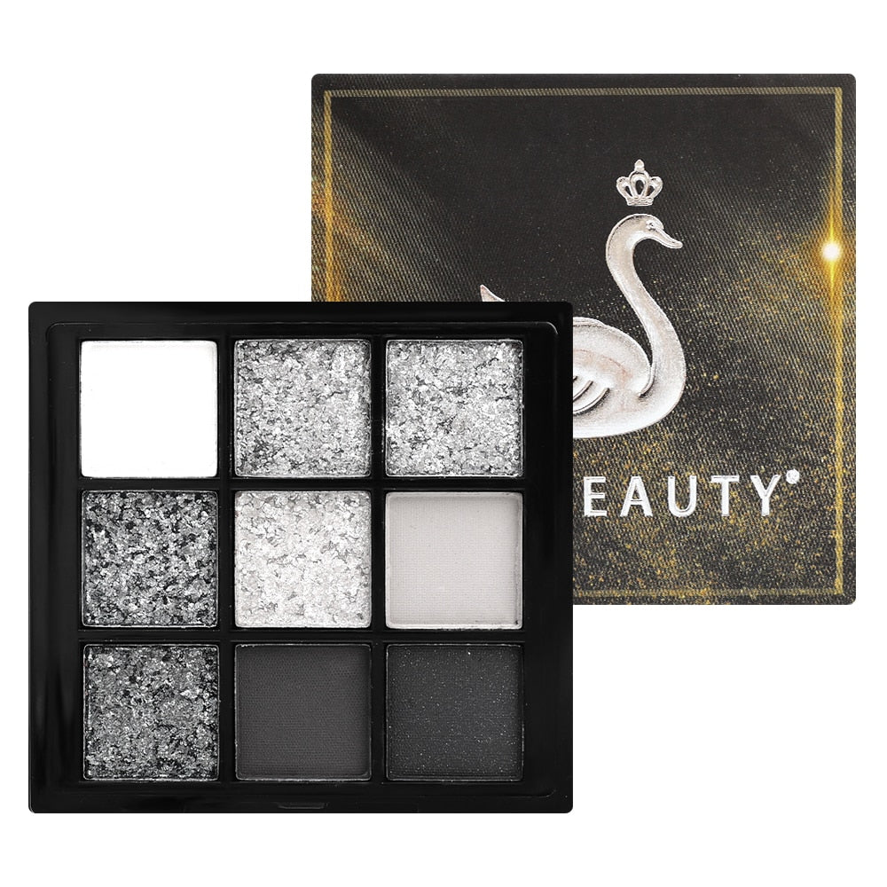 Yickyue Punk Smokey Eyeshadow Palette 9 Colors Matte Sequin Glitter Cool Toned Gray Black Eye Pigment Pearlescent Eyes Makeup Cosmetic