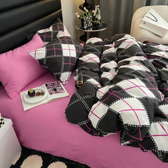 Yickyue Fashion Style Pink,Black 4pcs Bedding Set Luxury Pure Cotton Soft Duvet Cover Comforter Pillowcases Bed Flat Sheet Set for Girl