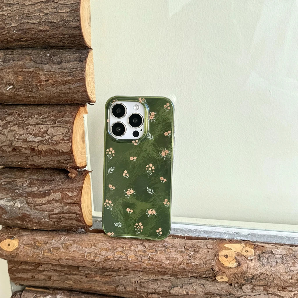 YICKYUE  -  Retro Full Screen Little Flower Green Glacial Pattern Texture Phone Cover Case for iPhone 16 15 14 13 12 Pro Max