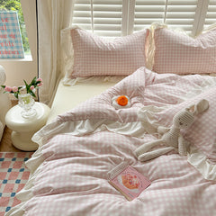 YICKYUE  -  4pcs  Korean lace Duvet Cover Set (1*Duvet Cover +1 flat sheet + 2*Pillowcase, Without Core), Pink checkered print Bedding Set