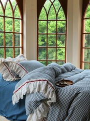 Yickyue High-end 100% Cotton Bedding Set Eco-friendly Double Layer Thread Duvet Cover Set with Lace Edge Comfortable Breathable Fabrics