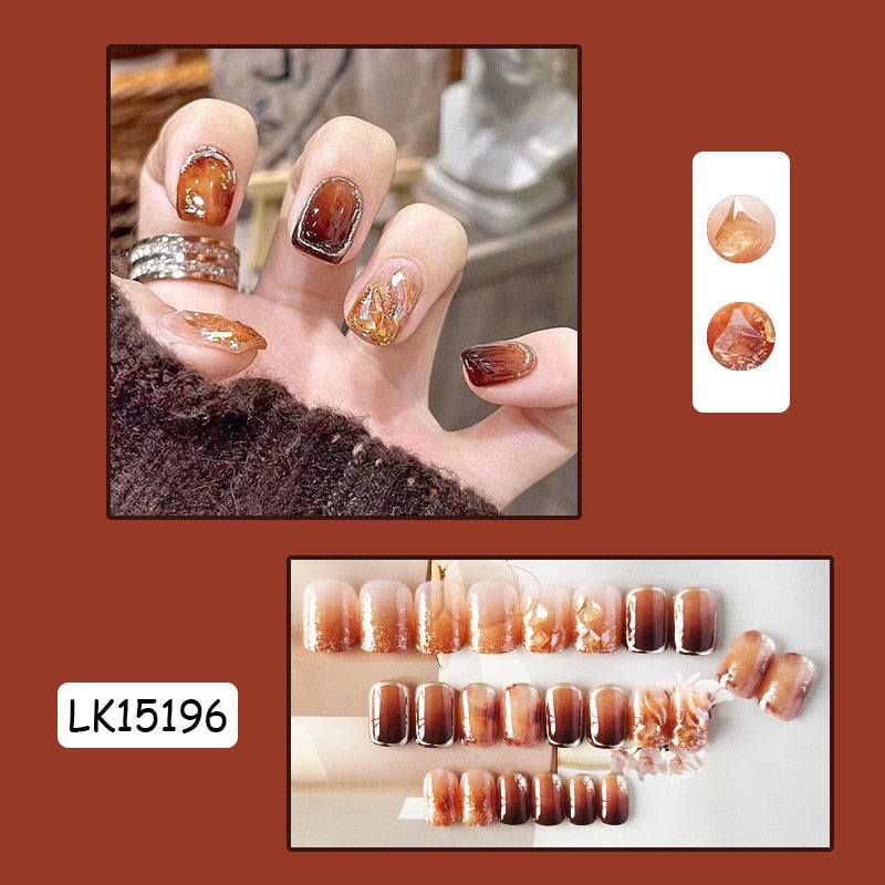Yickyue Amber Fake Short  Nails Tips Gradient Press on Nails Coffin Full Cover Ballerina Wearable Design Kiss False Nail with Glue