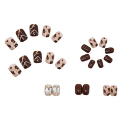Leopard Diamond Fake Nails Art Nail Tips Press on False Nails Set Full Cover Artificial Short Square Head Fingernails