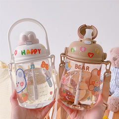 1100ML Large-Capacity Water Bottle Cute Rabbit Plastic Cup Direct Drinking Straw Cup Portable Cold Drinking Bottle with Stickers