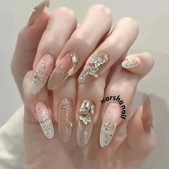 YICKYUE -  Polka Dot Swoosh Style Handmade Wearable Fake Nail Almond Long Nail Look White High Grade Feeling Girl Nail Stickers Decoration
