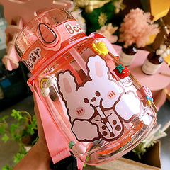 Kawaii Jumbo Bear Water Bottle For Children Girl School Cute Plastic Travel Milk Tea Juice Portable Gourd With Straw 3D Sticker