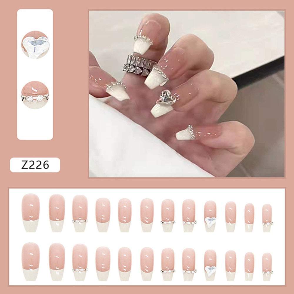24PCS 2022 Artificial Nails Cute Rhinestones Design Fake Nail Full Coverage Nails High Quality Press On Nails Wholesale