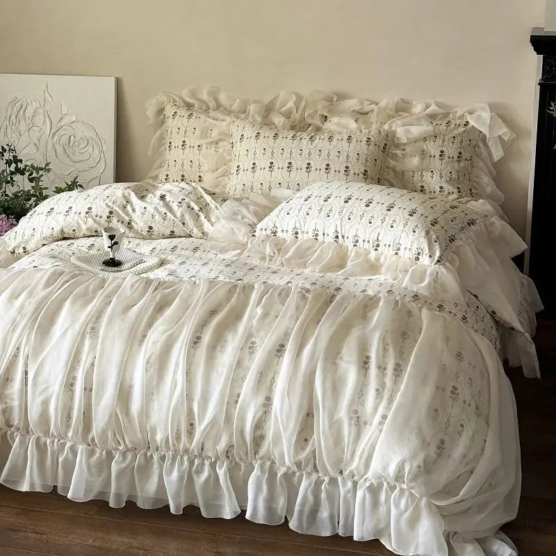 YICKYUE  -  4Pcs Vintage French Pure Cotton Rose Print Pleated Lace Ruffles Bedding Set Queen King Size Duvet Cover Set Bed Sheet Pillowcase