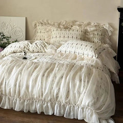 YICKYUE  -  4Pcs Vintage French Pure Cotton Rose Print Pleated Lace Ruffles Bedding Set Queen King Size Duvet Cover Set Bed Sheet Pillowcase