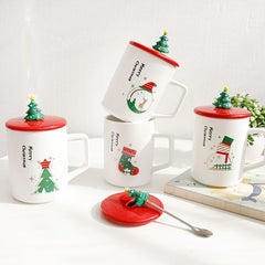 Creative Christmas Cup Ceramic Coffee Mug with Lid and Spoon Couple Office Milk Coffee Cup Caneca Merry Christmas Gifts 350ml