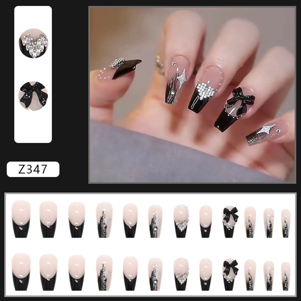24Pcs French Press on Nail Black False Nails 3D Bow Mid-length Fake Nails for Women and Girls Salon Finger Toes DIY Manicure Tip